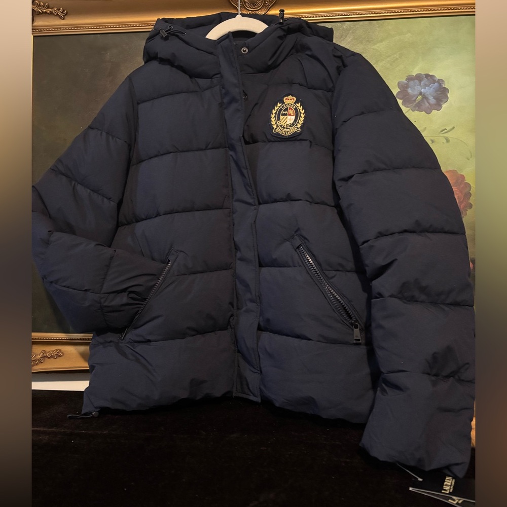 NWT Lauren Ralph Lauren Women Crested Puffer Coat navy size L